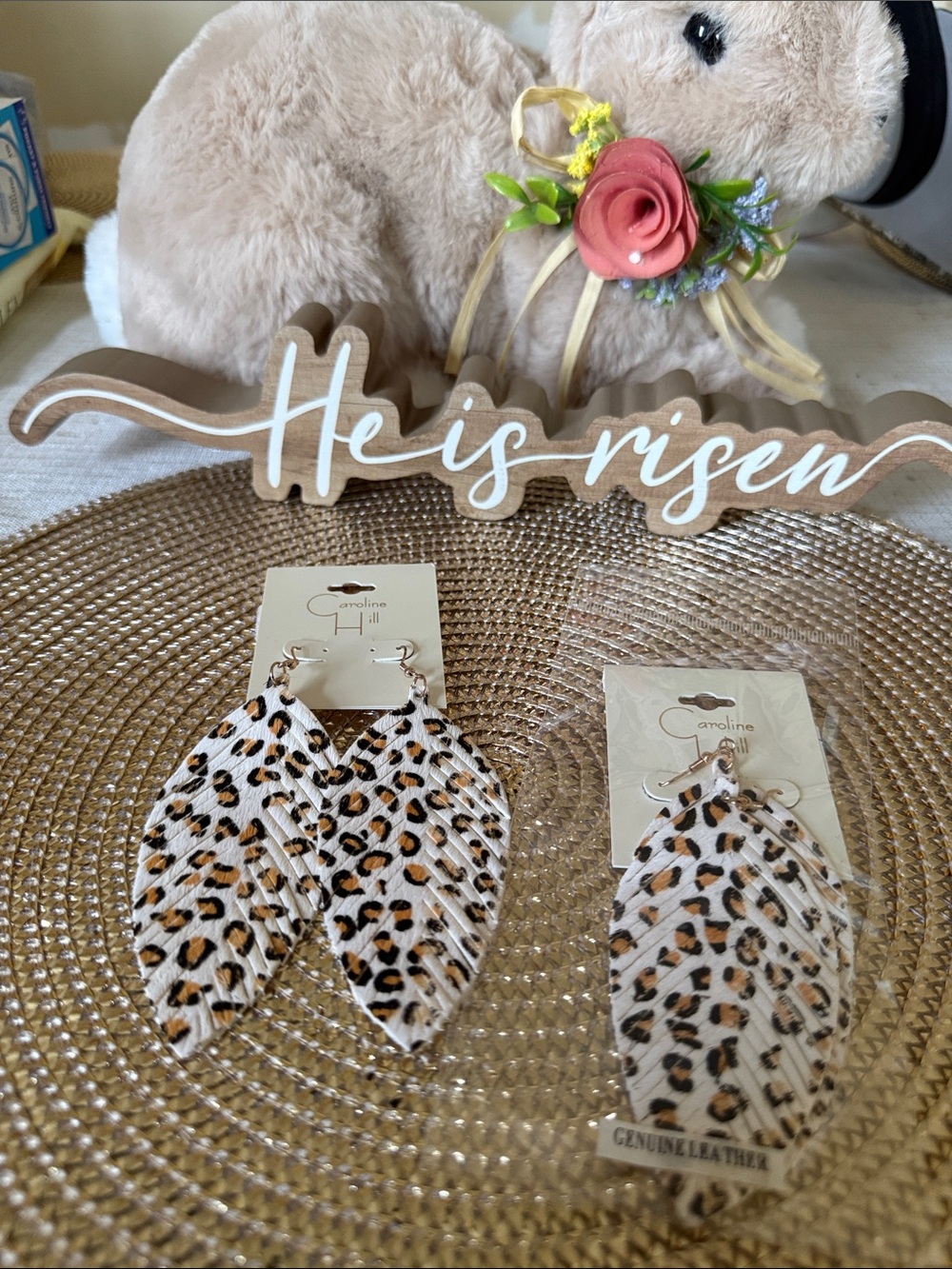 Leopard Print Genuine Leather Feather Earrings - White & Brown